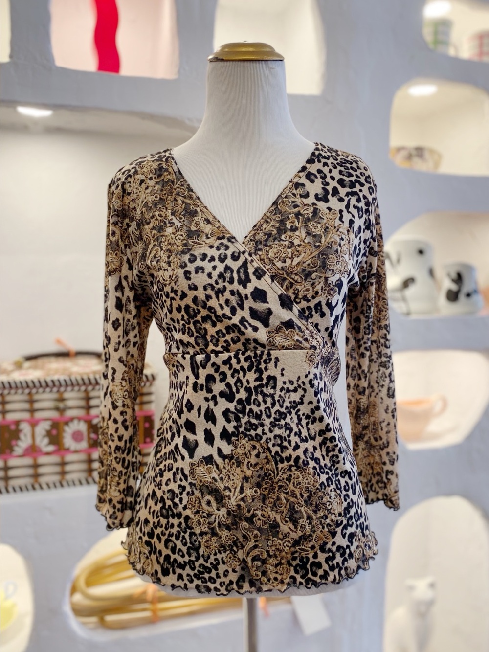 Y2K Vintage Leopard Print Mesh Three Quarter Length Sleeve Top with Lettuce Trim